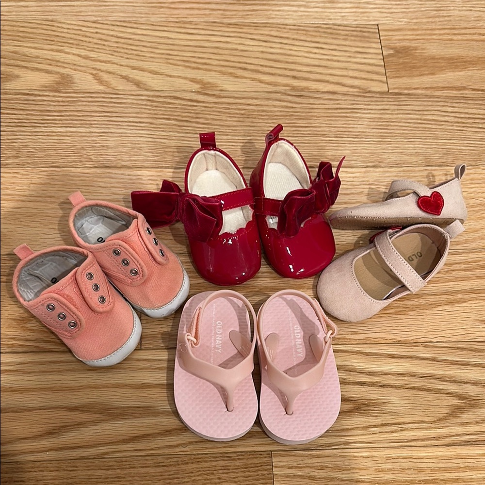 4 pair old navy Pink and Red Baby Walker Shoes with Soft Slip-On Design